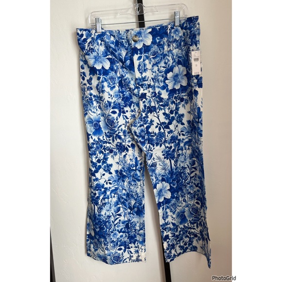 Anthropologie Colette Printed Linen Crop Wide Leg Pants 33 White Blue Floral NEW - Picture 2 of 5
